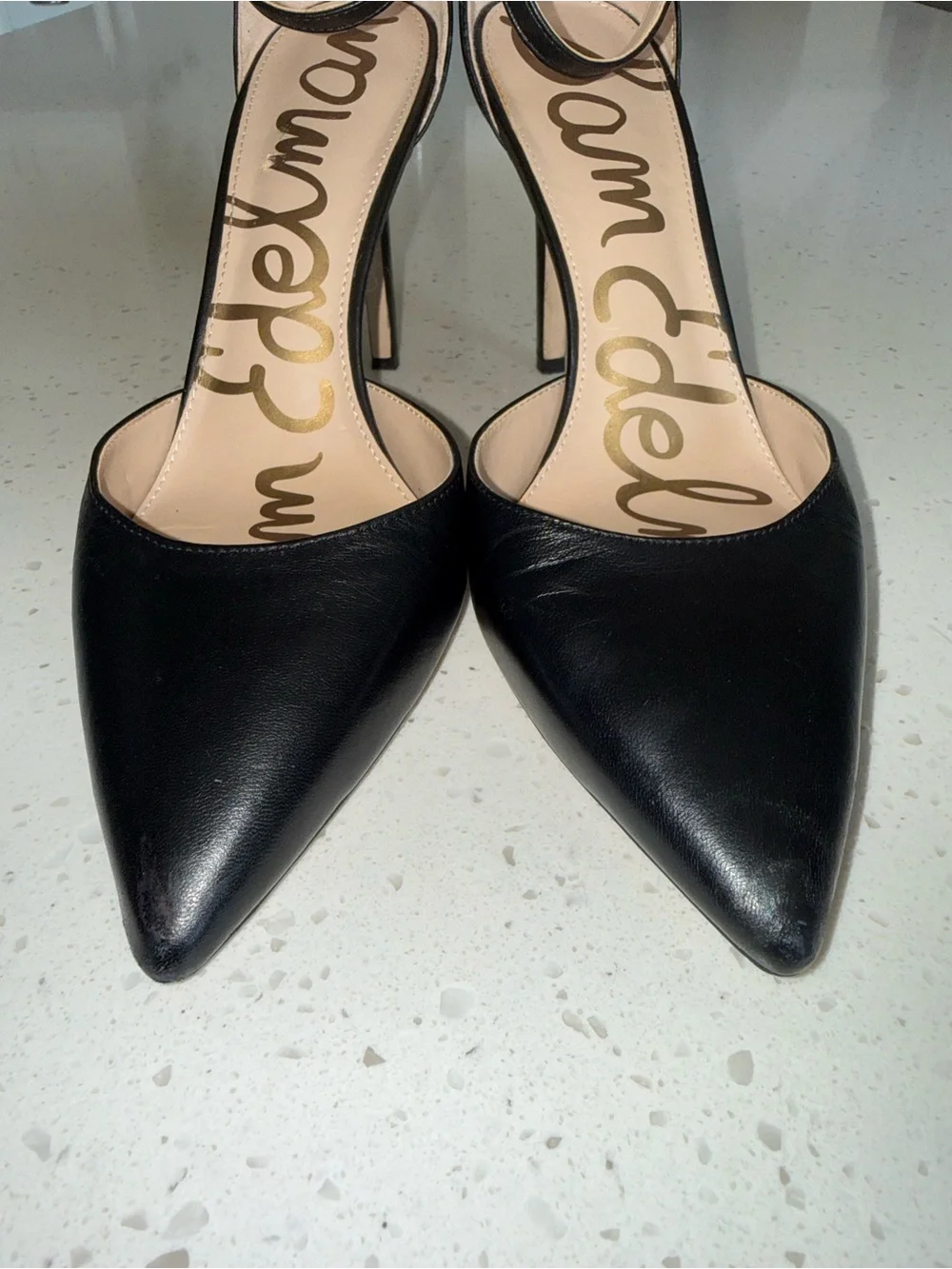 Sam Edelman Black Leather Pointed Ankle-Strap Stilettos